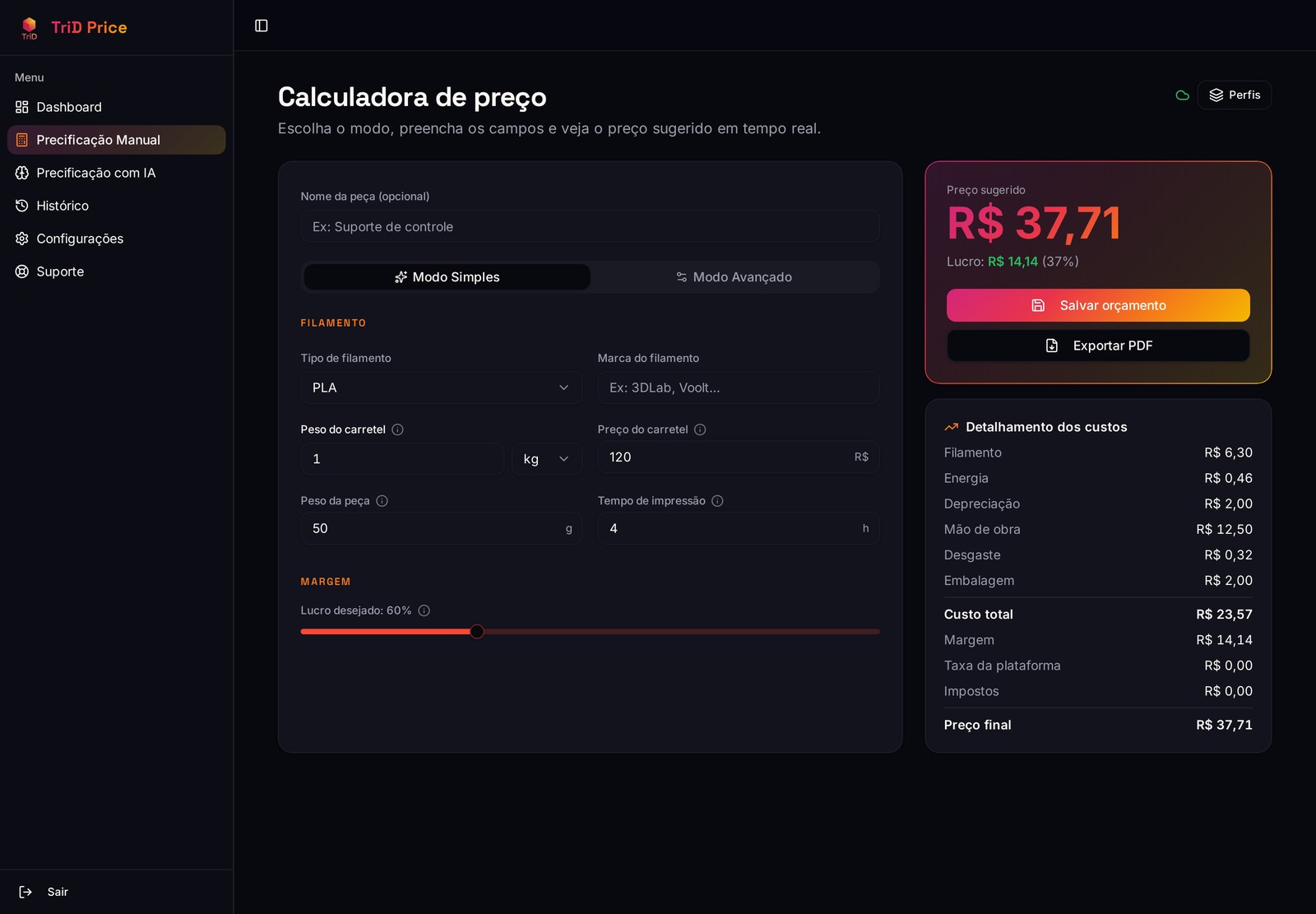 Tela da calculadora TriD Price